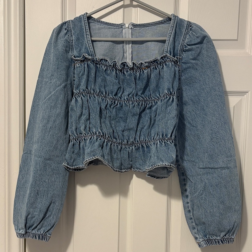 Ruched Denim Top with Ruffle Detail